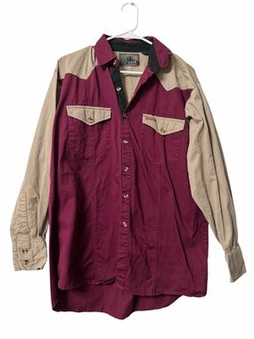 Spindle River Western Shirt Colorblock Button Up Tan Burgundy